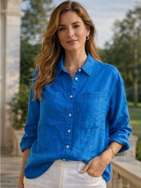 Cynthia Rowley 100% Linen Button-Up Top Women’s M Blue Coastal Resortwear